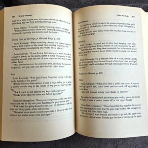 May include: Open book with text on aged paper. The pages are from a book titled "Strictly Personal" and "Your Wardrobe". The text includes tips on jewelry, keys, and lint removal.