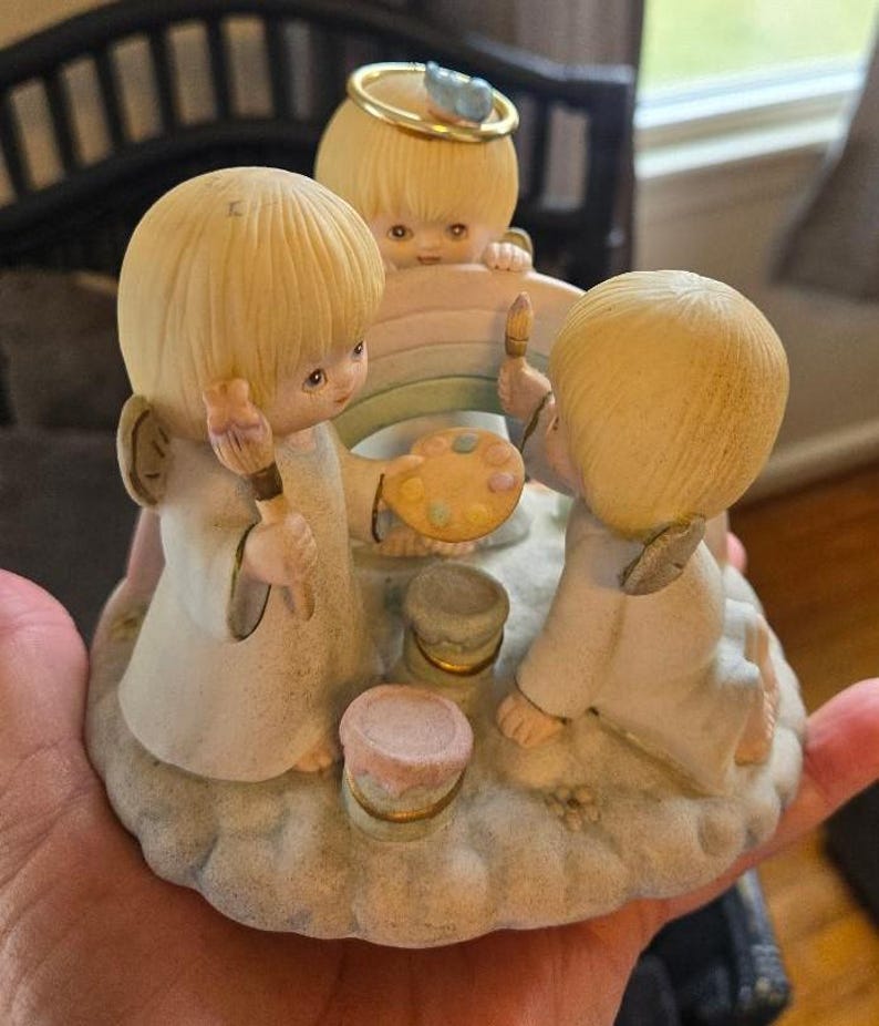 Vintage Baby Angels Painting a Rainbow Figurine, Baby Shower Gift