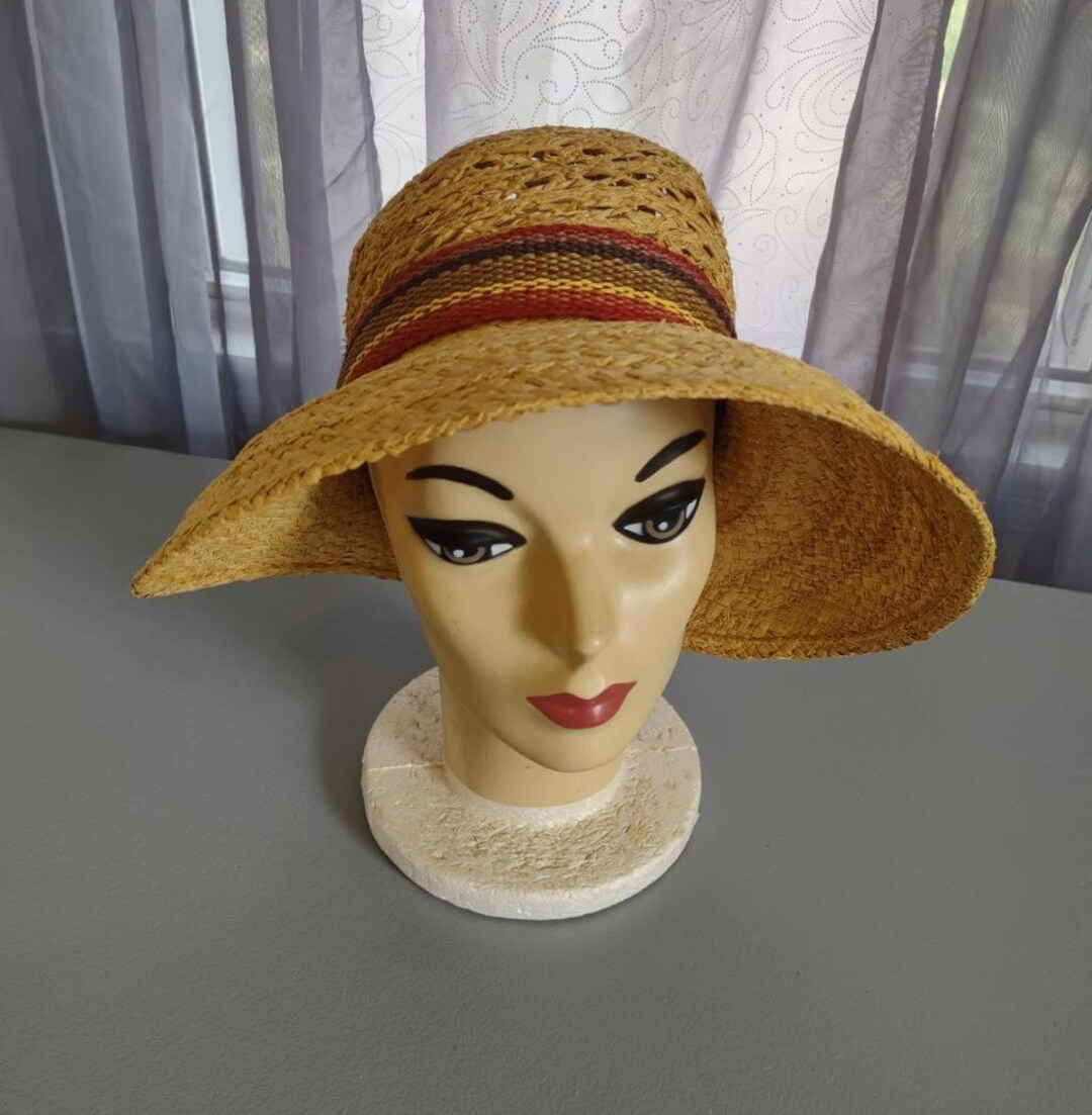 Vintage 1980's Ladies Straw Summer Hat With Woven Band Retro Ladies