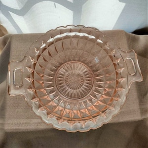 Vintage Pink Depression Jeanette Windsor Diamond 10&quot; Handled Vegetable Bowl - 1936 Jeanette Glass Windsor Diamond