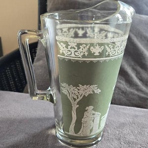 Vintage MCM Jeanette Wedgwood Jasperware Style Green Glass Pitcher, Vintage 1960s Kitchen, Large Iced Tea Pitcher, 1/2 Gallon Pitcher