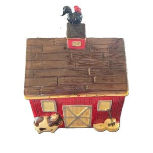 Vintage Red Barn Cookie Jar, Rooster & Cow Cookie Jar, 1980s Kitchen - Retro Cookie Jar