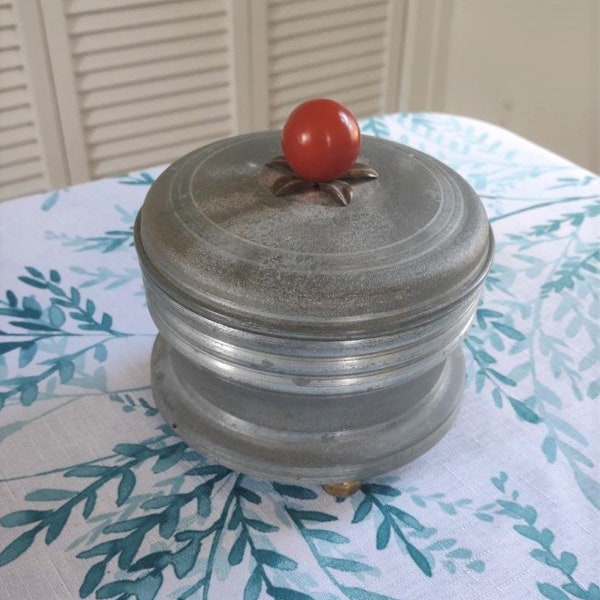 Vintage Powder Puff Holder Music Box - Bakelite Knob - Plays Suwannee River - Aluminum Brass & Bakelite Vanity Box