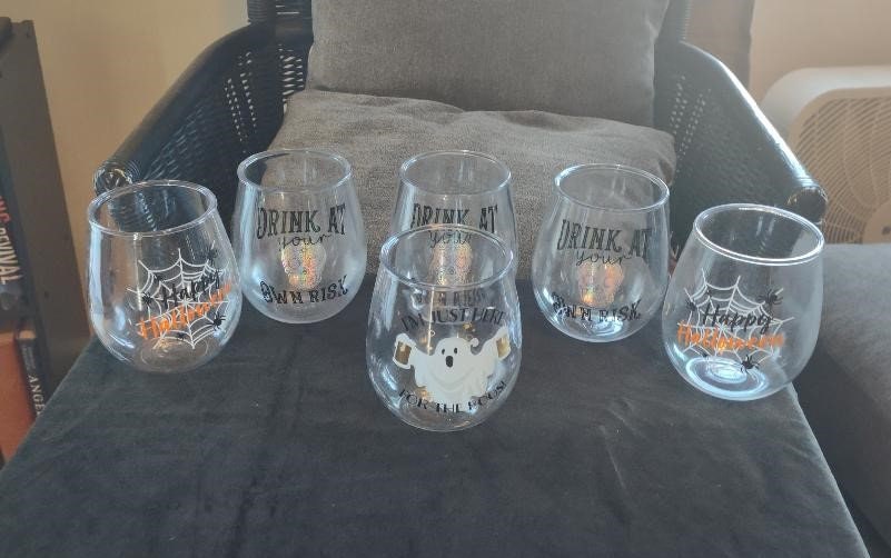 Vintage Halloween Plastic Drinking Snifters, Set of 6 Skull, Ghost and Spider Unbreakable