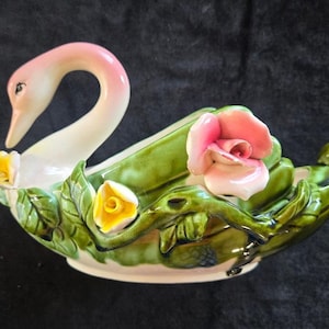 Vintage Royal Sealy Pink Swan Planter Pink & Yellow Applied Roses, Mother's Day Gift,  Unique Retro Gift, MCM Planter