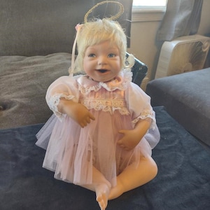 Vintage Porcelain Pink Angel Doll with Gold Halo, Vintage Sitting Angel Doll, Pink Angel Doll Gift