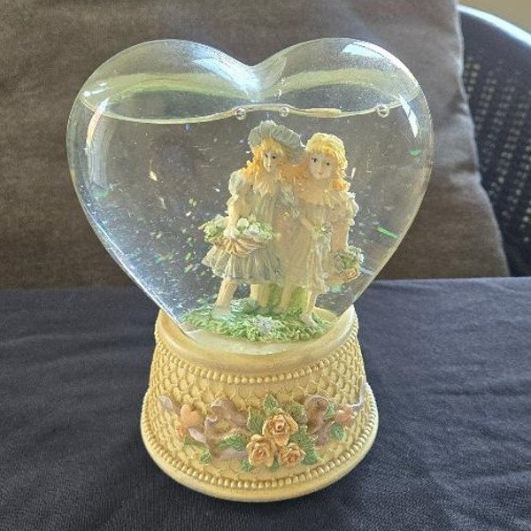 Vintage Musical Heart Shaped Snow Globe Sisters / Best Friends, Heart Glitter Snow Globe Girls with Flowers