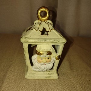 Vintage Santa Pottery Tea Light Lantern: Cream & Gold Christmas Decor