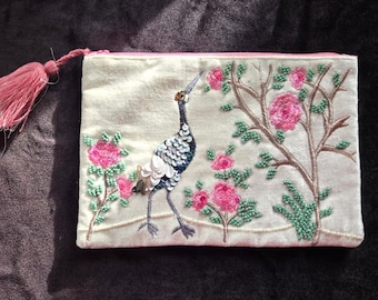 Vintage Embroidered Peacock Brushed Velour Jewelry Bag, Jewelry Travel Pouch, Zippered Ladies Trinket Purse, Mother's Day Gift