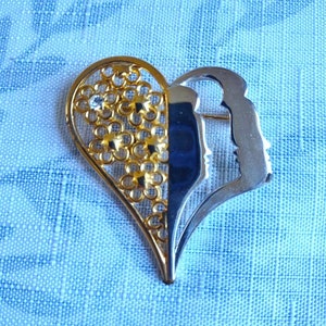 Tal Salomon Two-Tone, Crystal Heart Duo Face Brooch/Pendant Necklace, Vintage Designer Brooch, Pendant