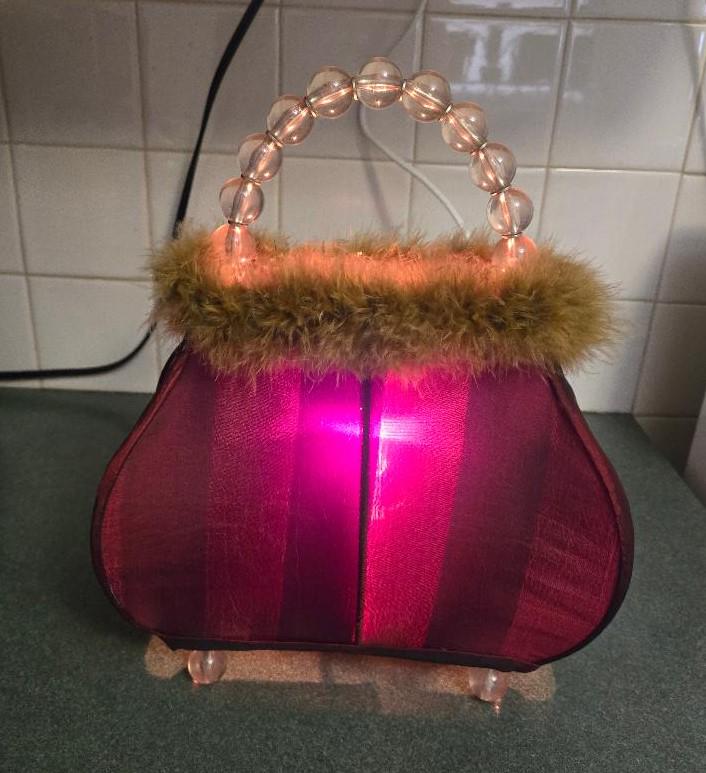 Vintage Purse Night Light: Red Fabric, Lucite Beads & Fun Fur Lamp