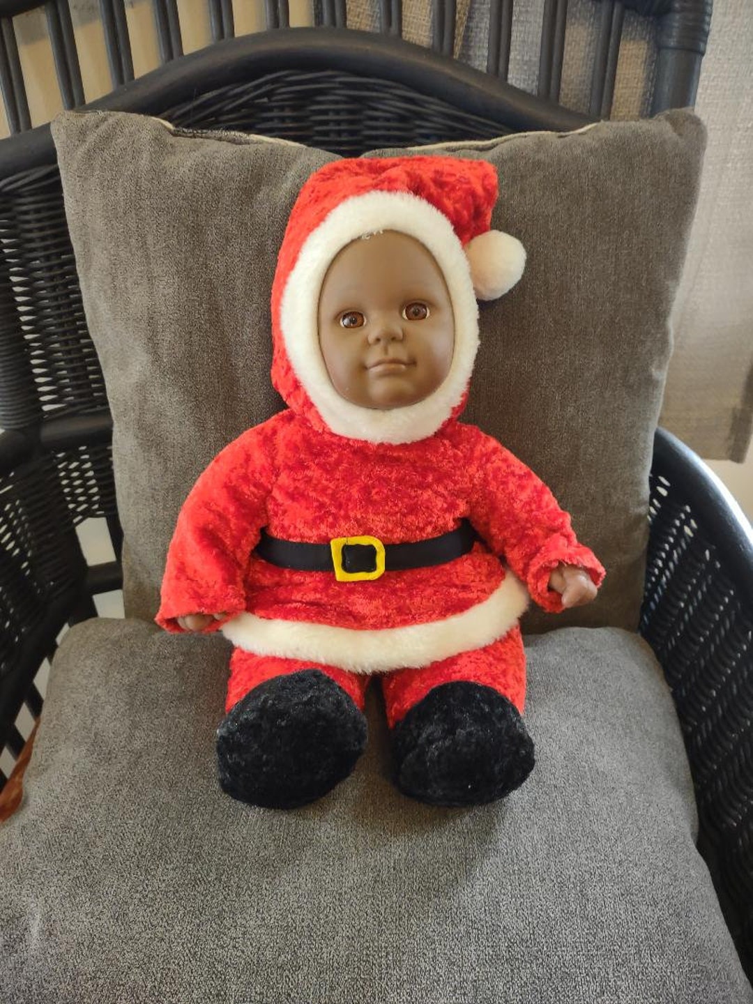 Vintage Sugarloaf Plush Black Santa Baby Doll, Chubby Santa Baby, Retro