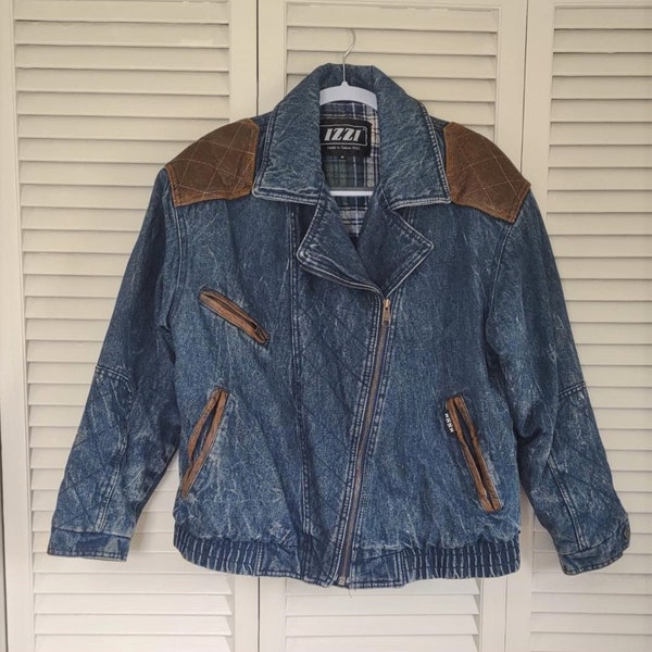 Vintage IZZI Ladies Denim Jacket with Leather Trim & Quilted Flannel Lining - Vintage Ladies Jean Jacket Size Medium - 1990's Vintage Demin