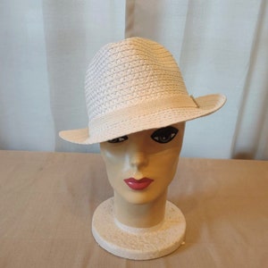Vintage White Woven Paper Bucket Fedora Walking Hat with Rhinestone Buckle - Summer Woven Fedora - Retro Narrow Brim Hat
