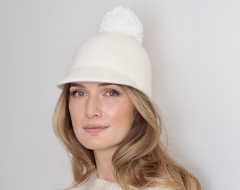 White Wool Pom Pom Felt Hat Cap Edie