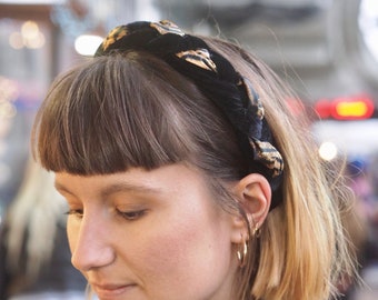 The Calsita Headband, Black Velvet, Braided, Leopard Silk Print