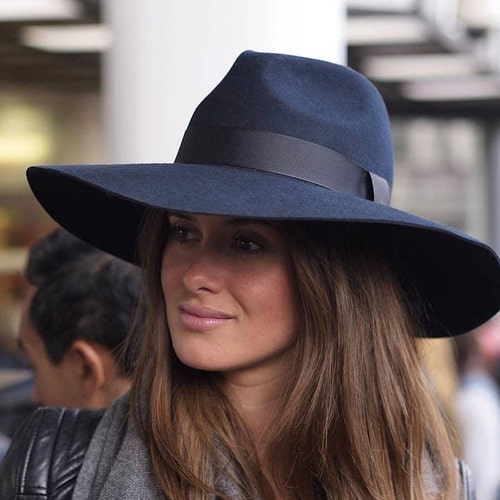 Artesano Women’s Wide Brim Wool Fedora with Decorative Cord Navy Large Navy Blue Large Brim Wool Felt Hat /navy Blue Felt Side  main image 2