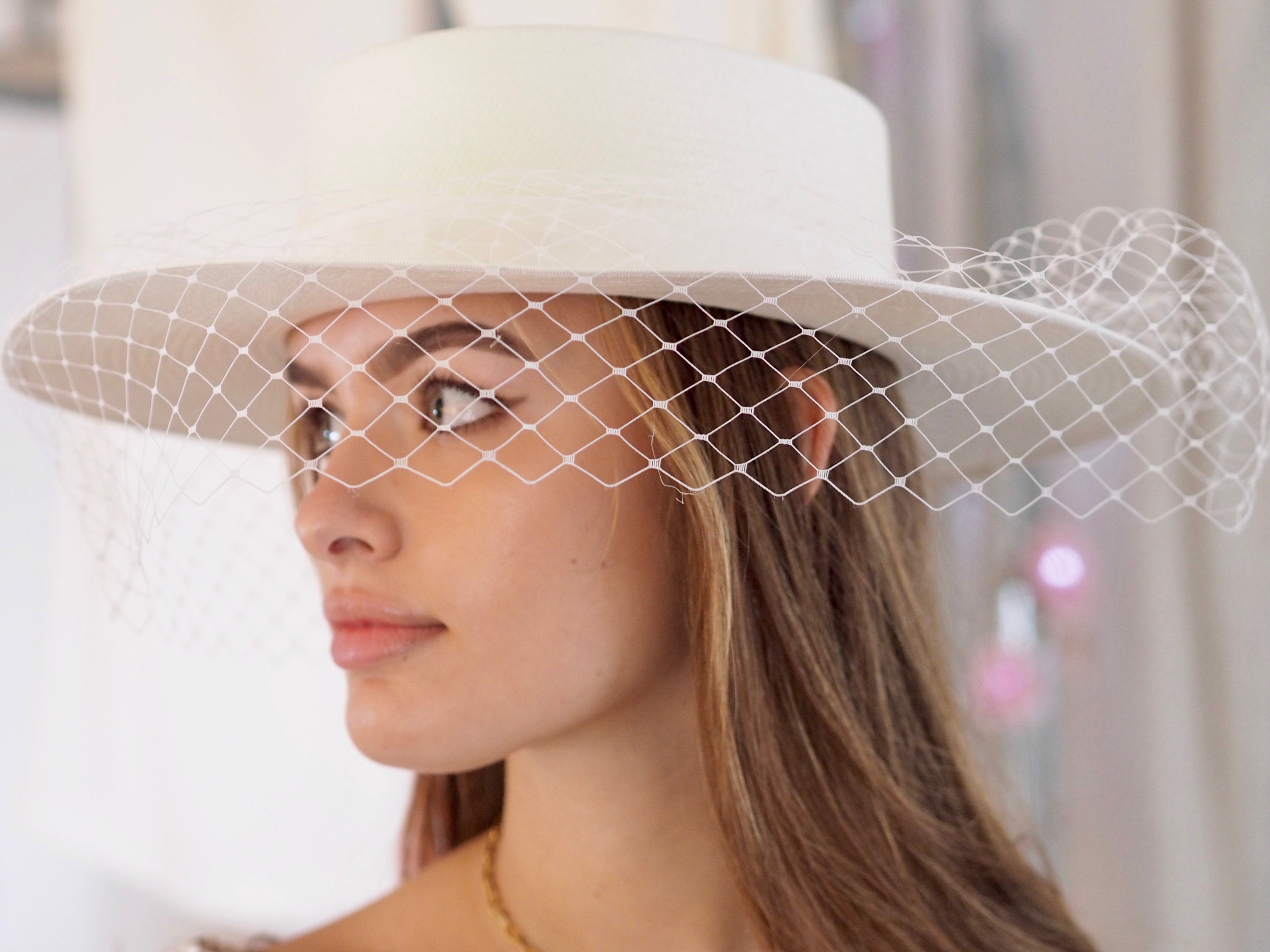 Bridal Boater Hat Veiled Etsy