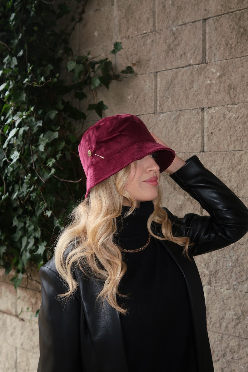 Burgundy Velvet Bucket Hat image 1