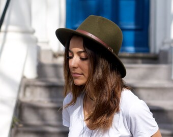 Olive Green Wool Felt Belted Fedora 