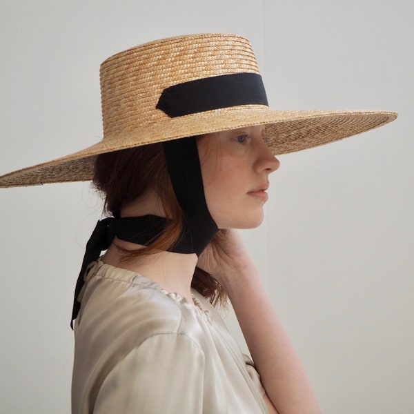 Jessica Wide Straw Boater ribbon tie hat