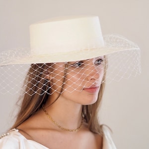 Bridal Boater Hat Veiled image 2