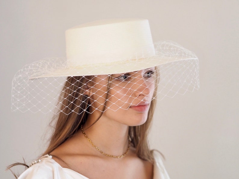 Bridal Boater Hat Veiled image 2