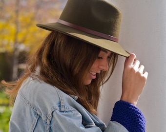 Olive Green Wool Felt Belted Fedora