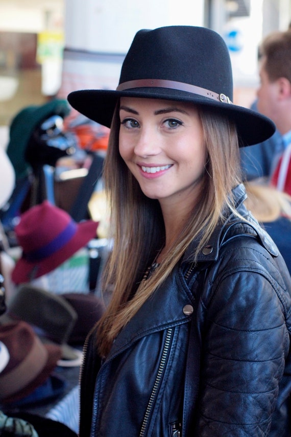 Black Wool Felt Belted Panama Hat Black Flat Top Fedora Hat Classic Wide Brim Panama Hat with  main image 3