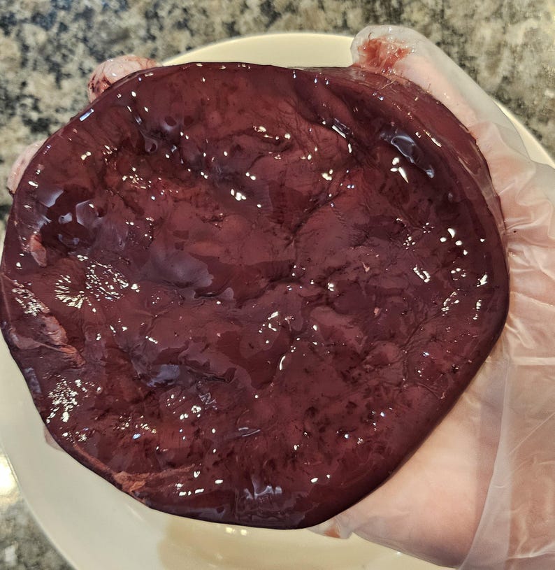 May include: A close-up of a raw, dark red beef liver. The liver is smooth and shiny, with a slightly textured surface.