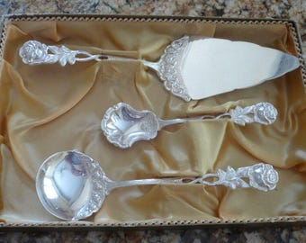 Vtg Hildesheimer Rose 3 Pc Cake Server Set Sugar & Sauce Spoon Silverplate