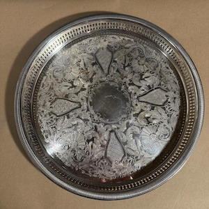 Gorham Newport Silverplated Round Gallery Tray Embossed Floral 15”