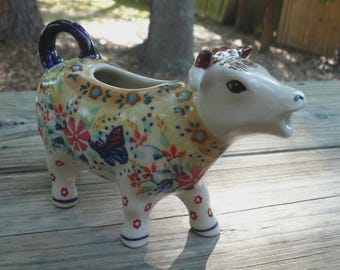 Blaue Rose Polish Pottery Handgemalter Kuh Creamer Schmetterling & Floral