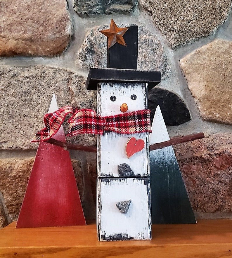 Big Wood Block Snowman Primitive snowman Holiday decoration | Etsy