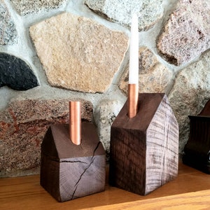 Large Wood House, Candle Holder Set of 2, Solid Oak, Copper chimneys, Candles included, Bookends, Farmhouse decor, Christmas candleholders