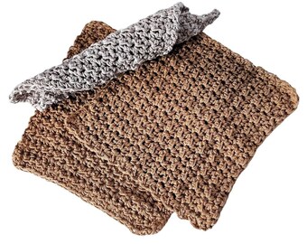 Earth Brown Kitchen Dishcloths - Taupe Mist - Set of 3 Crochet Cotton Dish Cloths - Minimalist Kitchen Gift Hostess Gifts