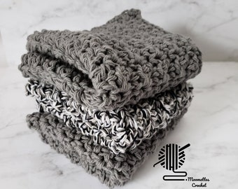 Black & White Dish Towel Set - Handmade Crochet Wash Cloths - Organic Eco Friendly Dish Rags - Knit Dishcloths Gift Set of 3