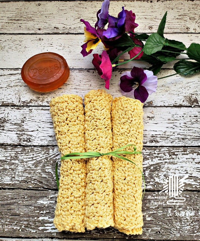 Yellow Cotton Dish Cloths - Handmade Crochet Dish Cloths - Knit Kitchen Reusable Dishcloth Set Of 3 - Kitchen Cloths