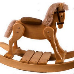 May include: A wooden rocking horse with a brown saddle and a light brown mane and tail. The rocking horse is on a wooden base with a curved shape.