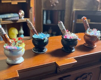 Magical Mortar & Pestles with Overflowing Fairy Potion Ingredients Dollhouse Miniature