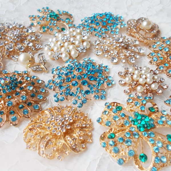 DIY Teal Brooch Bouquet Kit - 15 Brooch Broach, Gold Brooch Bouquet Pearl, Turquoise, Blue, Handmade Wedding, Wedding Supplies