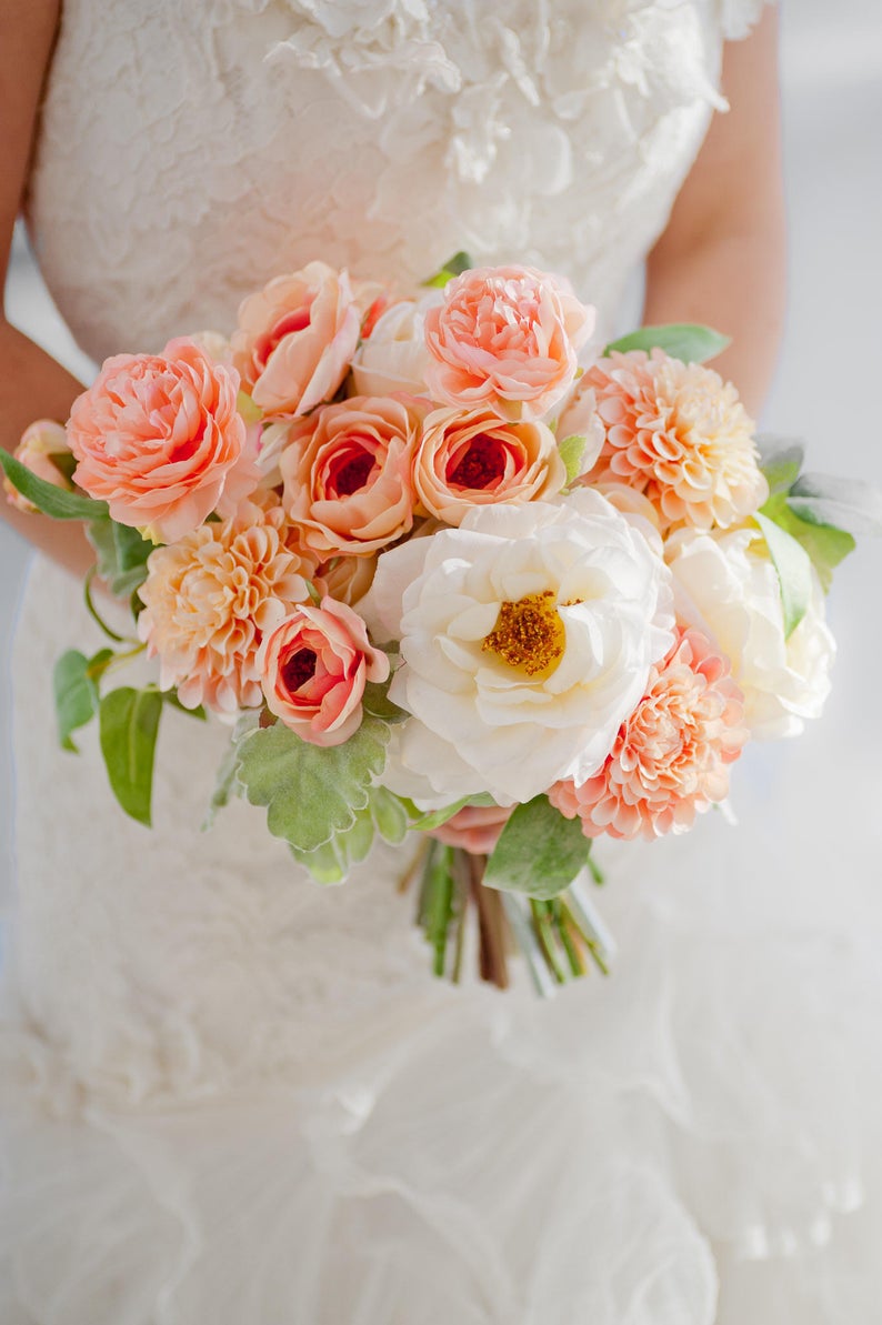 Bouquet De Fleurs De Soie Pêche Sur Mesure Bouquet Artificiel Bouquet De Mariée Blush Corail Rose Dahlia Ranunculus Real Touch Fleurs Bouquet De