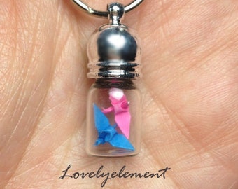 origami paper crane glass bottle necklace or keychain, love couple birds