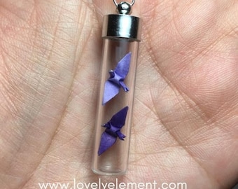 origami cranes necklace, long glass vial, bottle necklace, first paper anniversary, birthday, christmas, xmas, holiday gifts