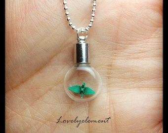 smallest origami crane necklace, round flat glass vial, first paper anniversary