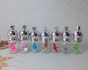 Miniature Origami Crane Necklace Glass Bottle Necklace or Keychain