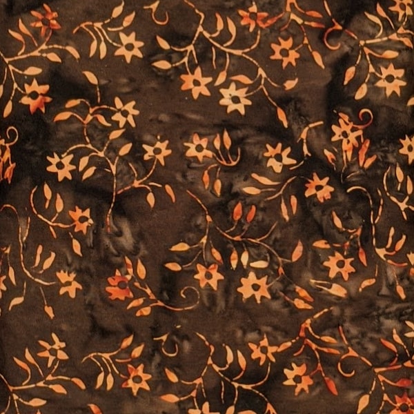 Batik Textiles - 4522 - Walnut Brown Golden Flowers - Serendipity Fabric Blender- Chocolate Mocha Orange Red Tan Floral Leaves Umber Hickory