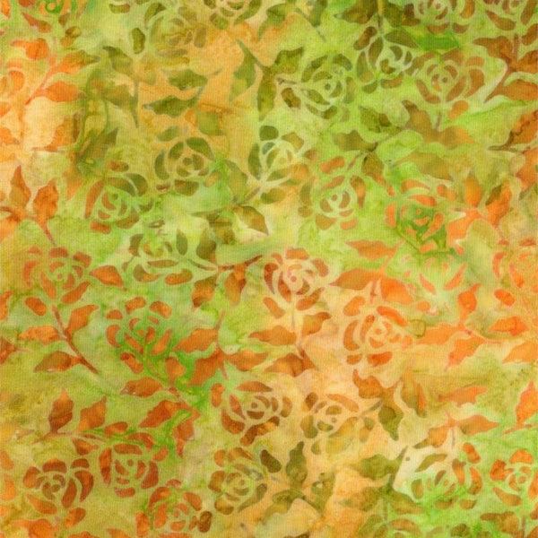Batik Textiles - 4320 - Gold Yellow Green Orange Roses - Venus, Cattails, and Moon Bayou Fabric - Autumn Fall Floral Flowers Leaves Light