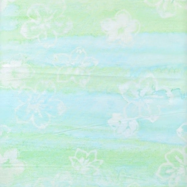 Timeless Treasures - Tonga B8744 Cool - Cute Hawaiian Flowers - Icing Collection Batik Fabric Blender - Soft Pastel Blue Green Plumerias