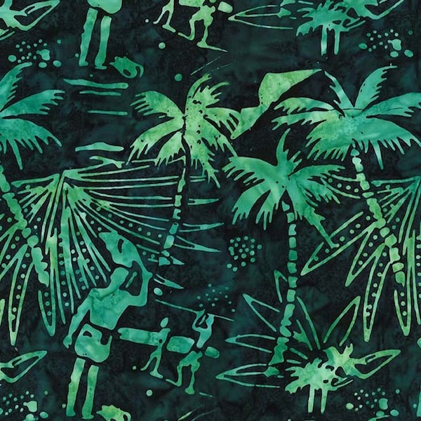 Michael Miller - Cypress Tropical Horizon - Tropical Batik Fabric - BT8510-CYPR-D - Hawaiian Scene Ocean Teal Mint Green Jade Trees Surfers